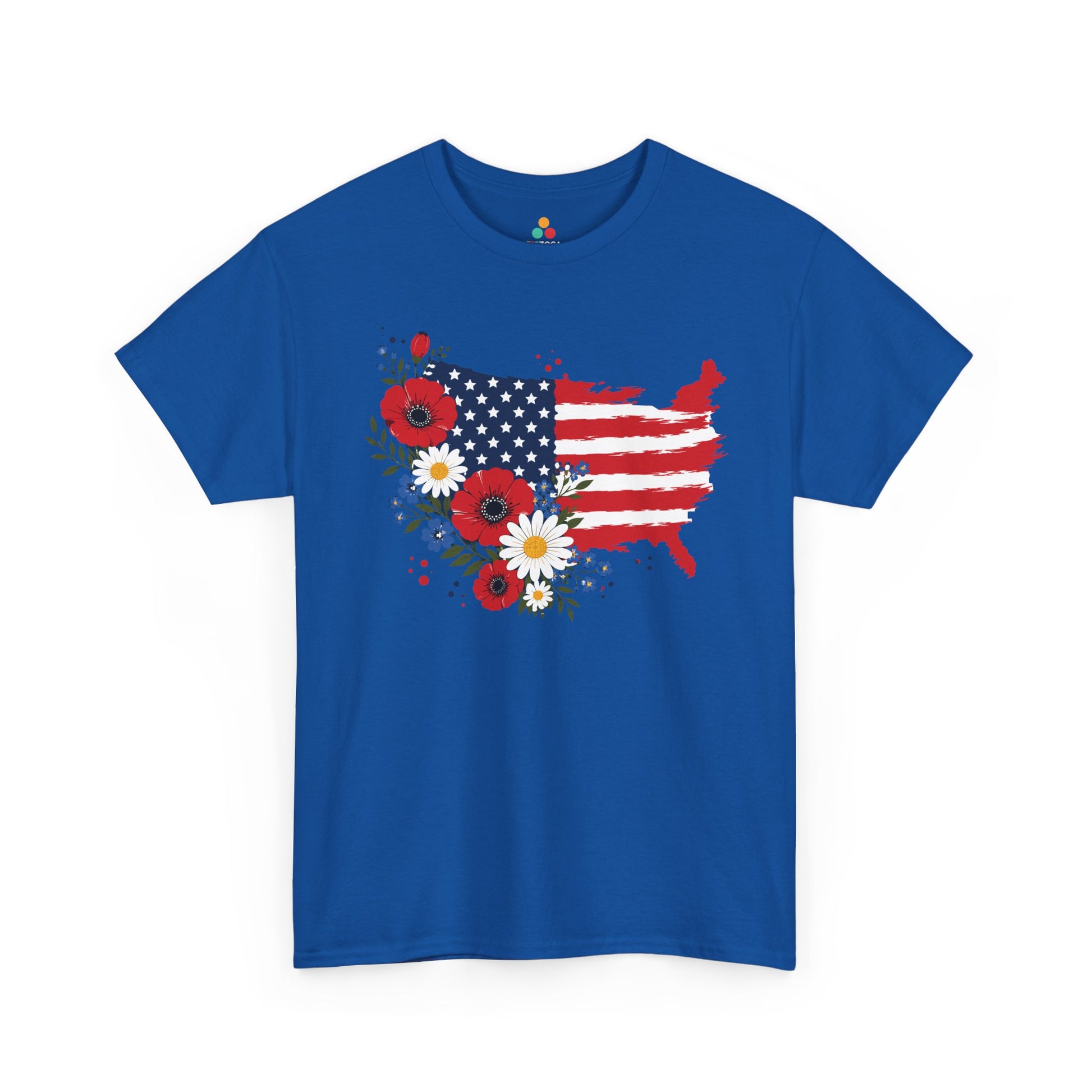 TEEZOCA 4th of July graphic tee with usa flag flower shirt artwork, brushstroke flag stripes, navy stars, and feminine floral accents.
