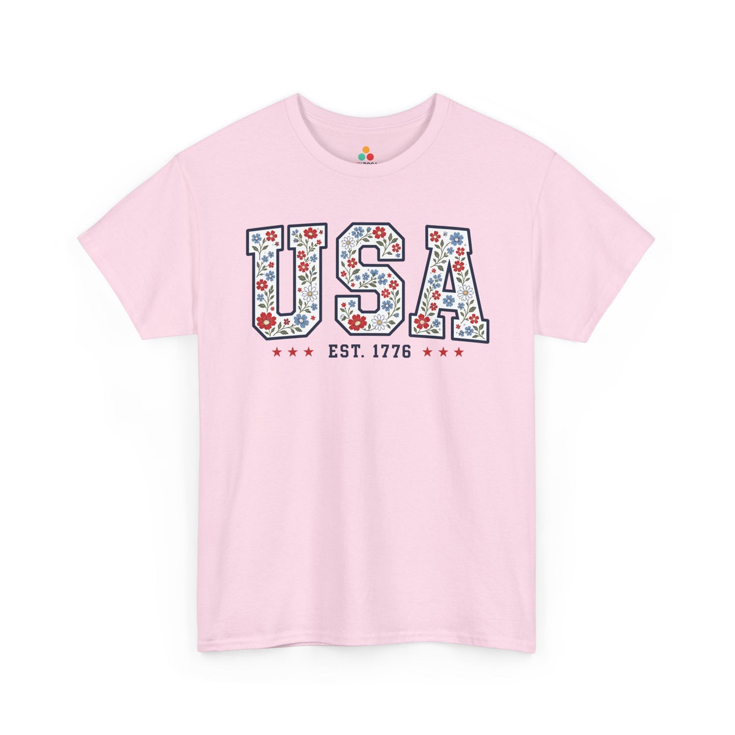 TEEZOCA 4th of July graphic tee with usa flag shirt women's styling, floral USA text, navy outline, and red star details.
