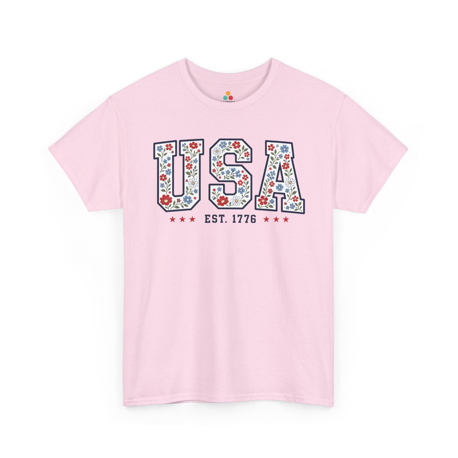 TEEZOCA 4th of July graphic tee with usa flag shirt women's styling, floral USA text, navy outline, and red star details.
