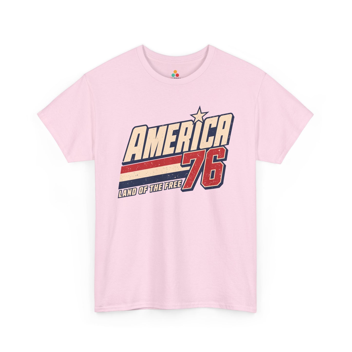 TEEZOCA 4th of July graphic tee with varsity patriotic shirt design, America 1776 shirt meaning, and distressed retro Americana lettering.

