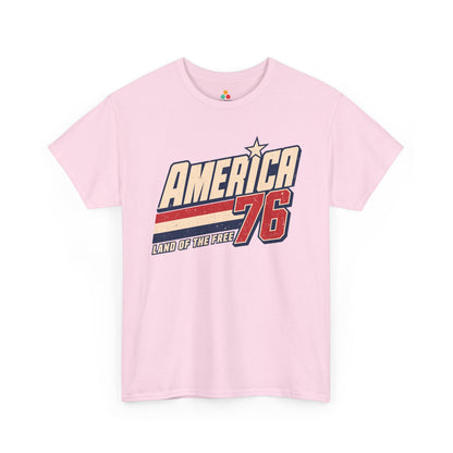 TEEZOCA 4th of July graphic tee with varsity patriotic shirt design, America 1776 shirt meaning, and distressed retro Americana lettering.
