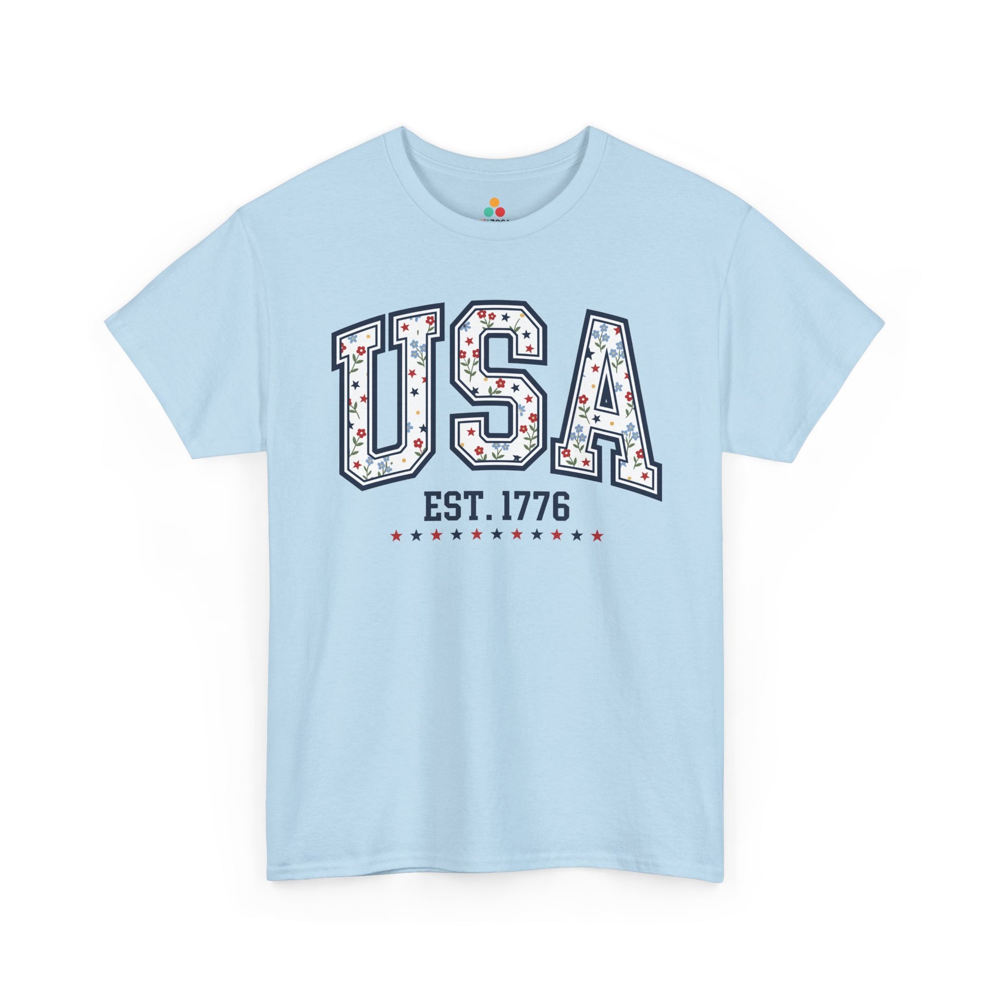 TEEZOCA 4th of July graphic tee with womens USA shirts style, floral patriotic letters, and red white and blue star details.
