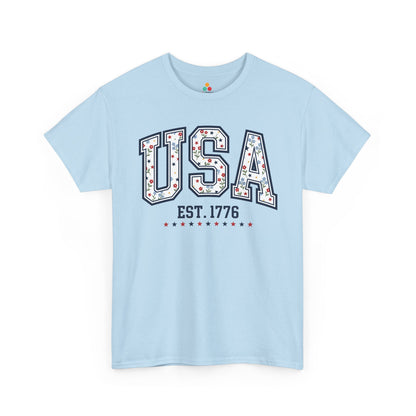 TEEZOCA 4th of July graphic tee with womens USA shirts style, floral patriotic letters, and red white and blue star details.

