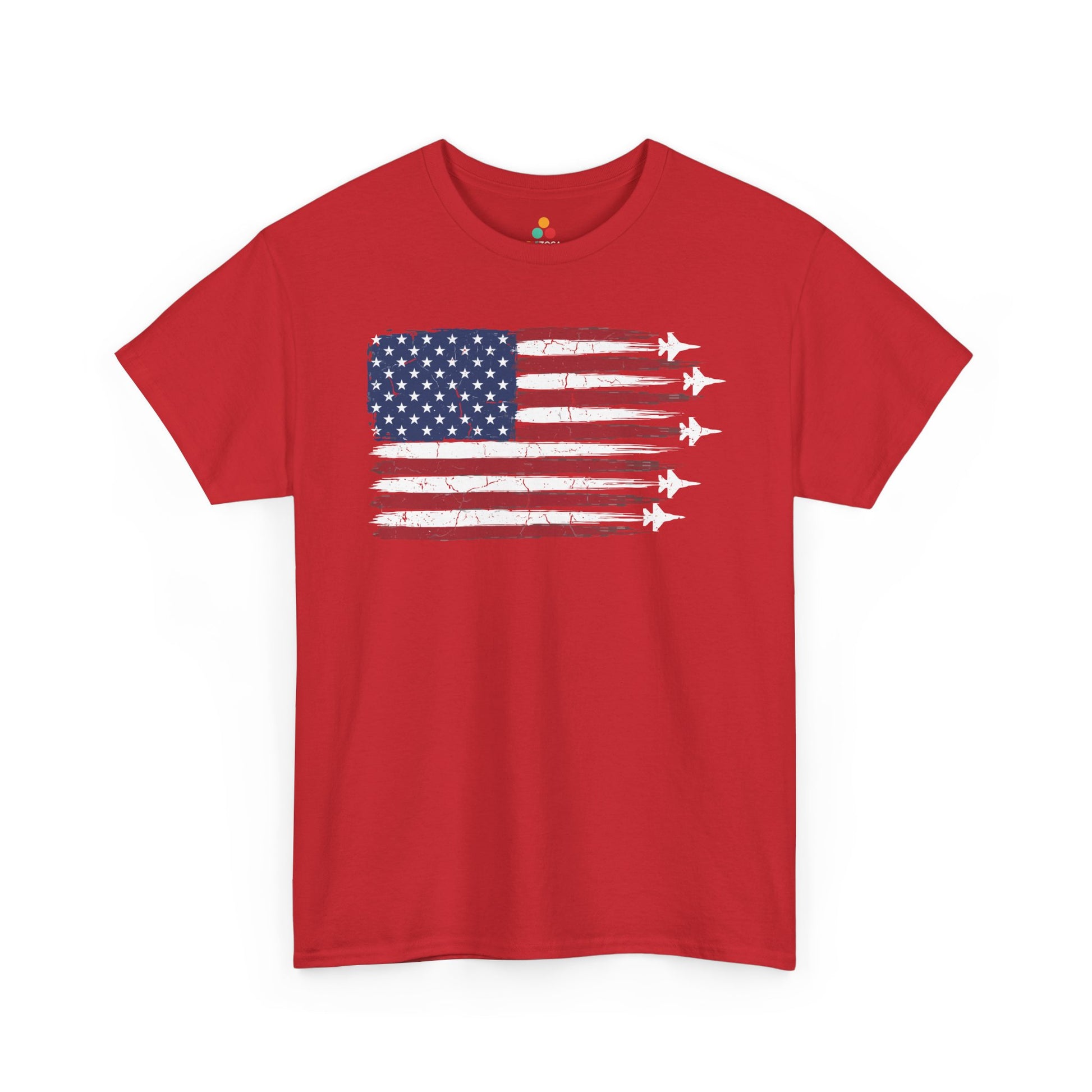 TEEZOCA 4th of July graphic tees design showing a faded American flag for patriotic flag shirt shoppers.
