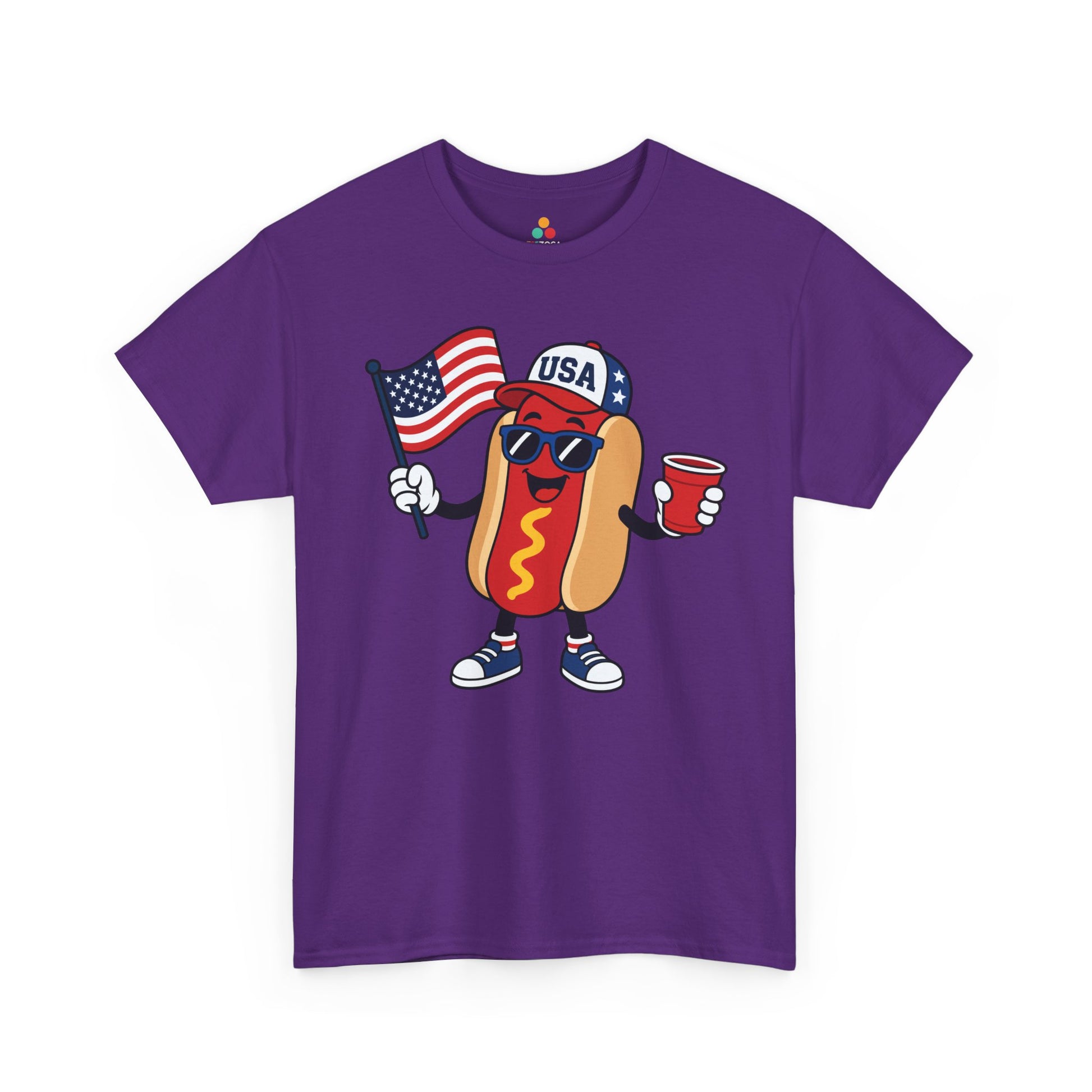 TEEZOCA 4th of July hot dog shirt t-shirt showing a cheerful hot dog mascot with American flag and cookout energy.
