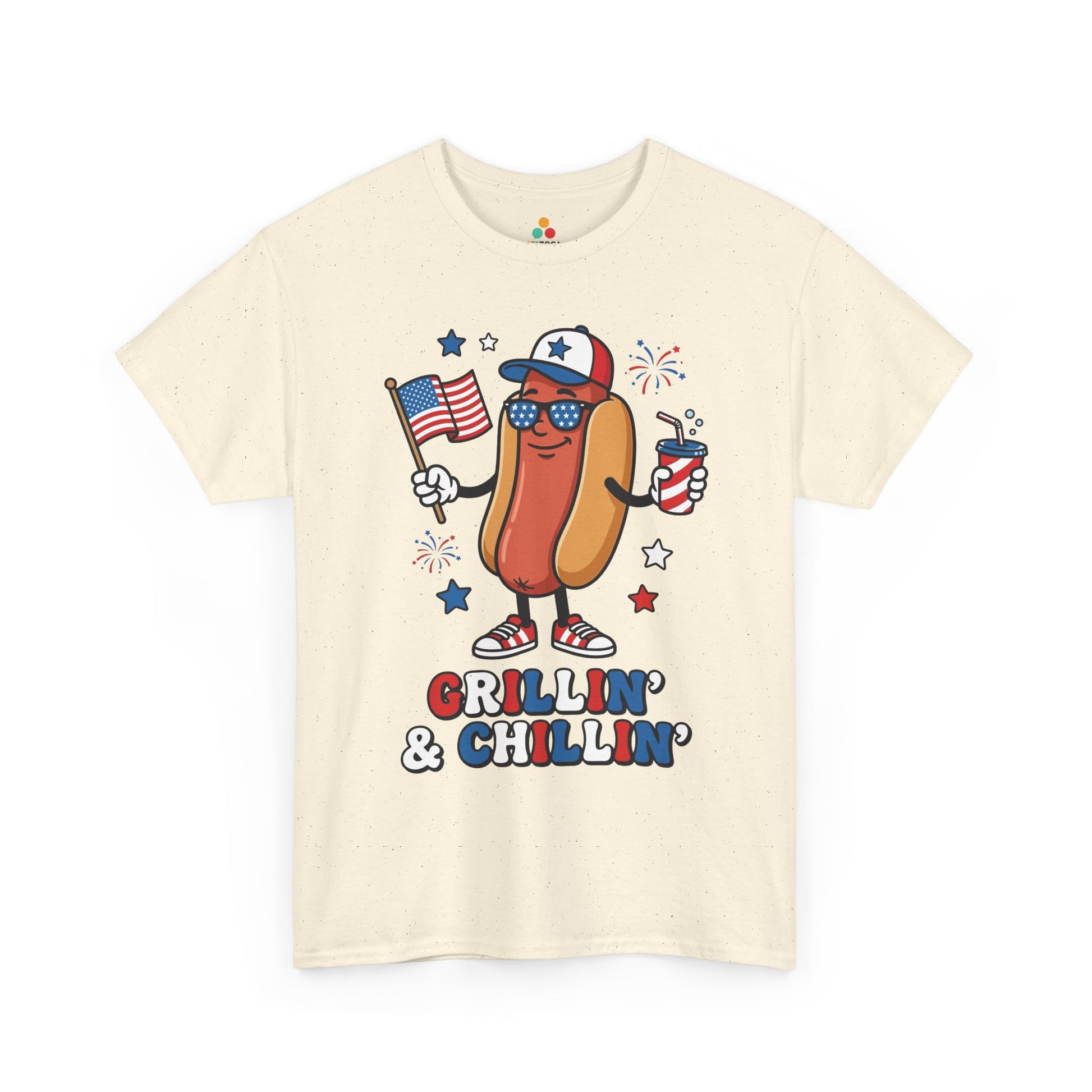 TEEZOCA 4th of July hot dog shirt t-shirt showing a cool hot dog mascot holding a flag and striped party cup.
