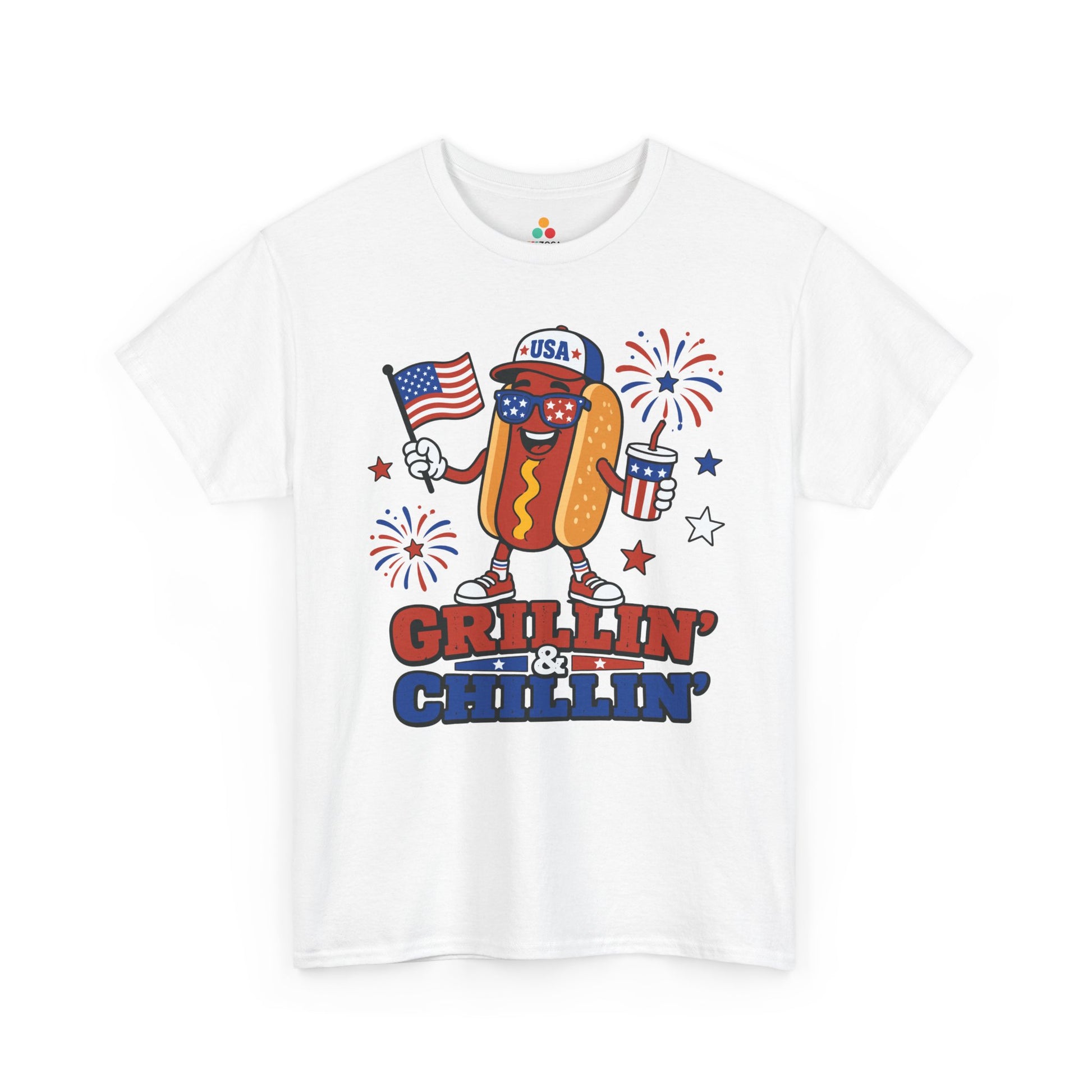 TEEZOCA 4th of July hot dog shirt t-shirt with patriotic hot dog shirt artwork, fireworks, American flag, and party drink.
