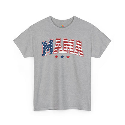 TEEZOCA 4th of July mama shirt t-shirt with varsity-style American flag letters and clean patriotic mom design.
