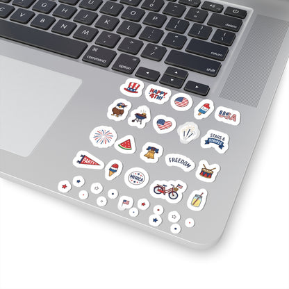 TEEZOCA 4th of July mini sticker sheets applied smoothly to a silver modern laptop chassis surface.