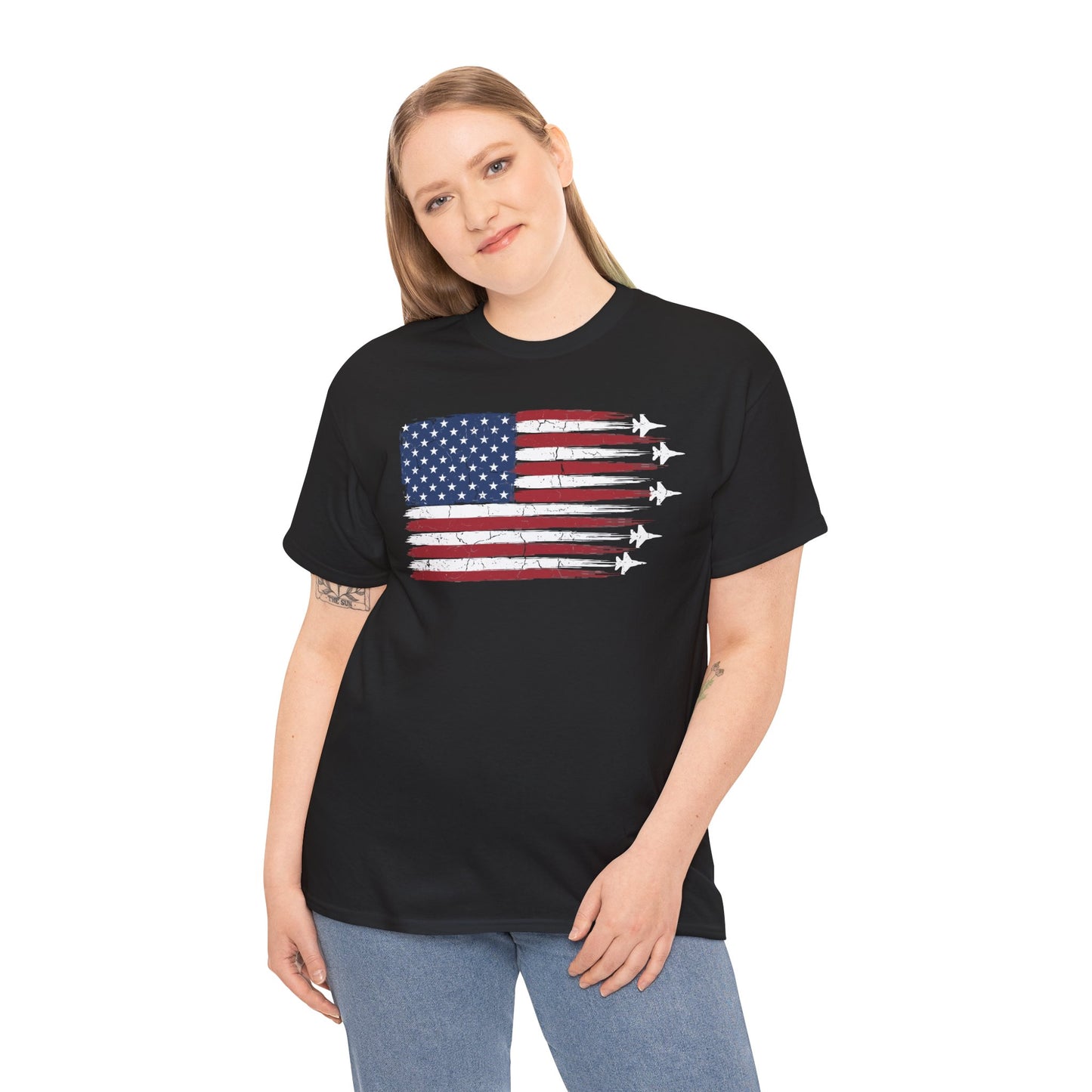 TEEZOCA 4th of July shirt with a distressed American flag t-shirt design in red, white, and blue.
