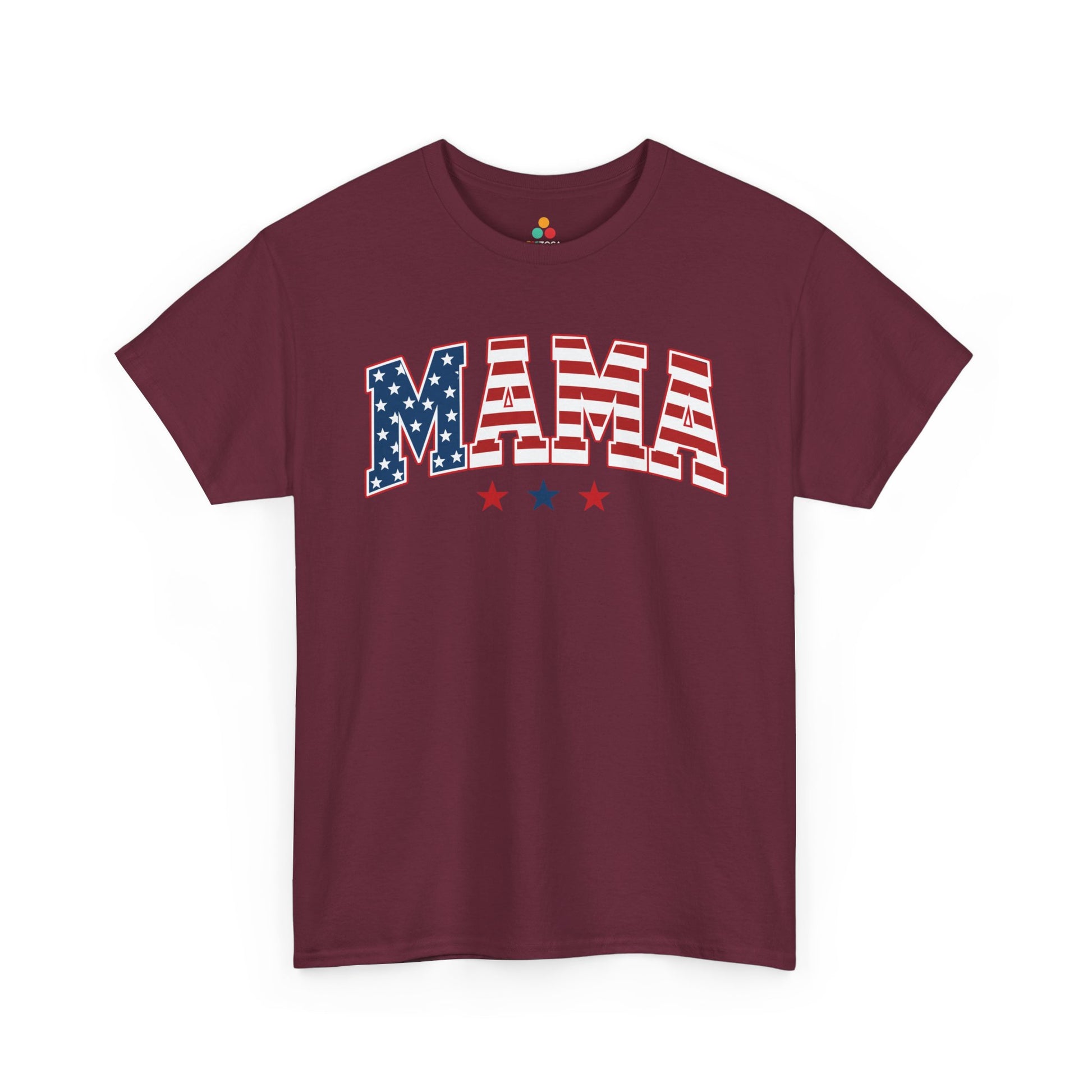 TEEZOCA 4th of July t-shirt for mom with all American mom shirt lettering, flag pattern, and simple star details.
