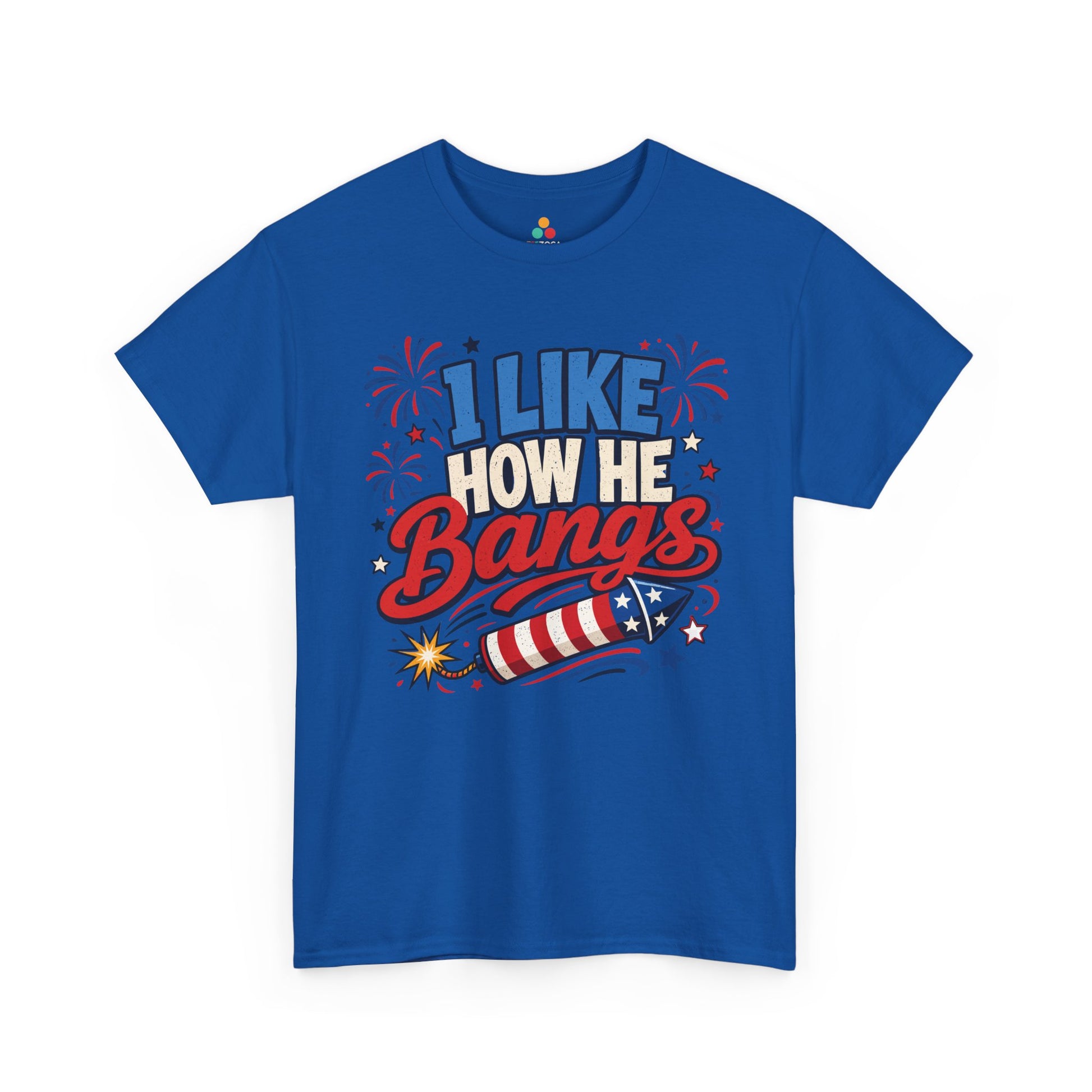 TEEZOCA 4th of July t-shirt for women showing a striped rocket, spark explosion, stars, and funny adult patriotic lettering.
