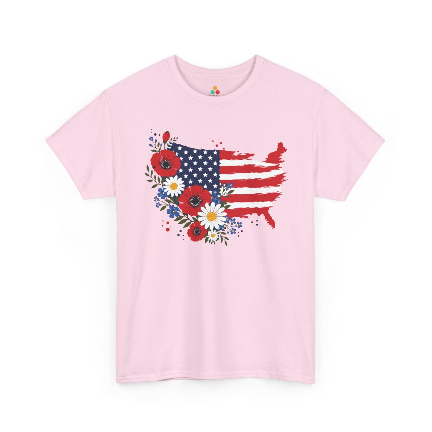 TEEZOCA 4th of july shirt T-shirt with floral USA map, American flag stars, red brushstroke stripes, poppies, daisies, and blue flowers.

