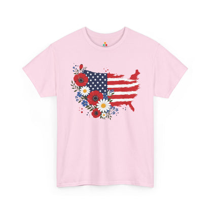 TEEZOCA 4th of july shirt T-shirt with floral USA map, American flag stars, red brushstroke stripes, poppies, daisies, and blue flowers.
