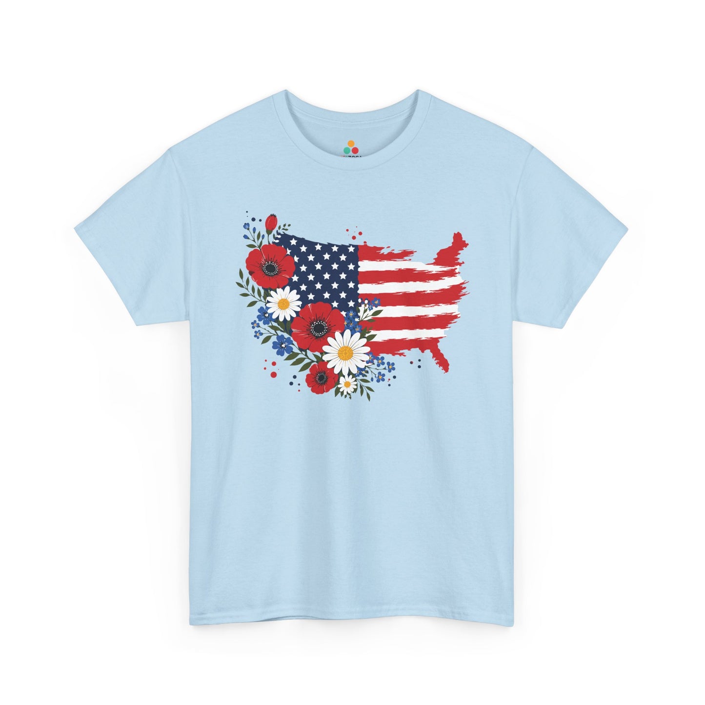 TEEZOCA 4th of july shirt t-shirt featuring a patriotic floral USA map shirt design with flag artwork and summer flower accents.
