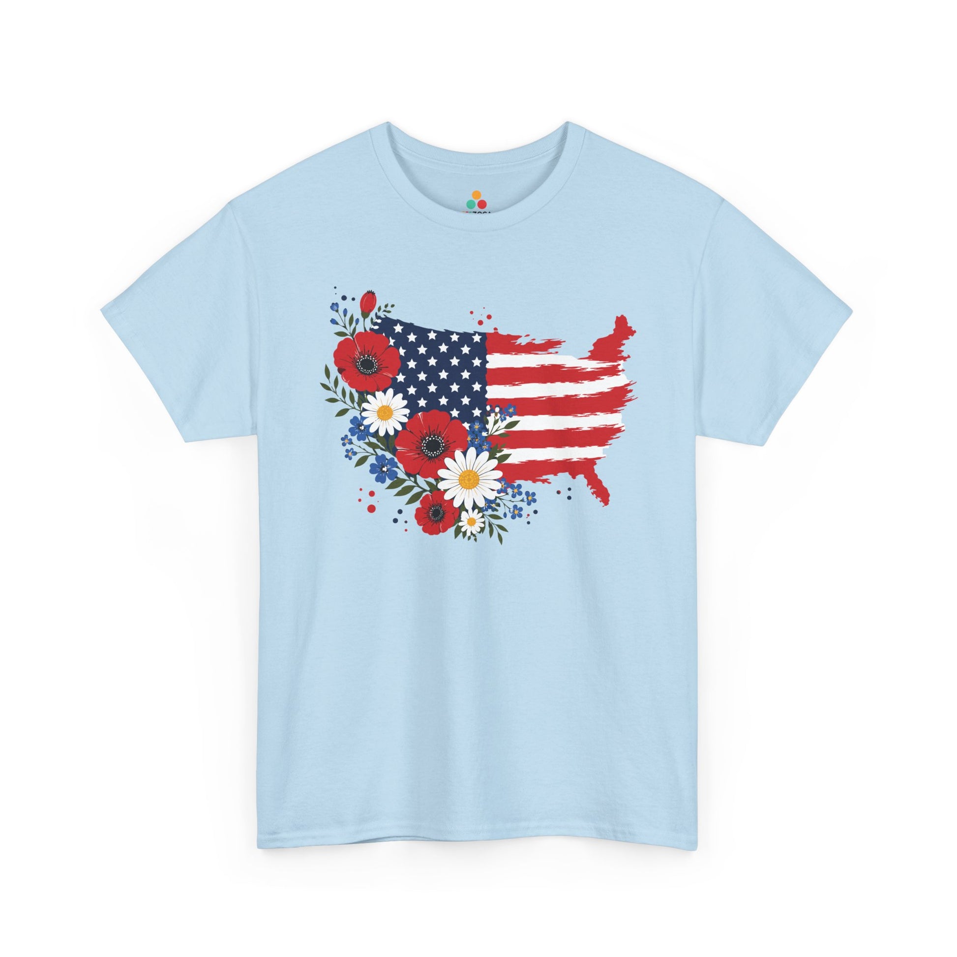 TEEZOCA 4th of july shirt t-shirt featuring a patriotic floral USA map shirt design with flag artwork and summer flower accents.

