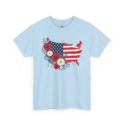 TEEZOCA 4th of july shirt t-shirt featuring a patriotic floral USA map shirt design with flag artwork and summer flower accents.
