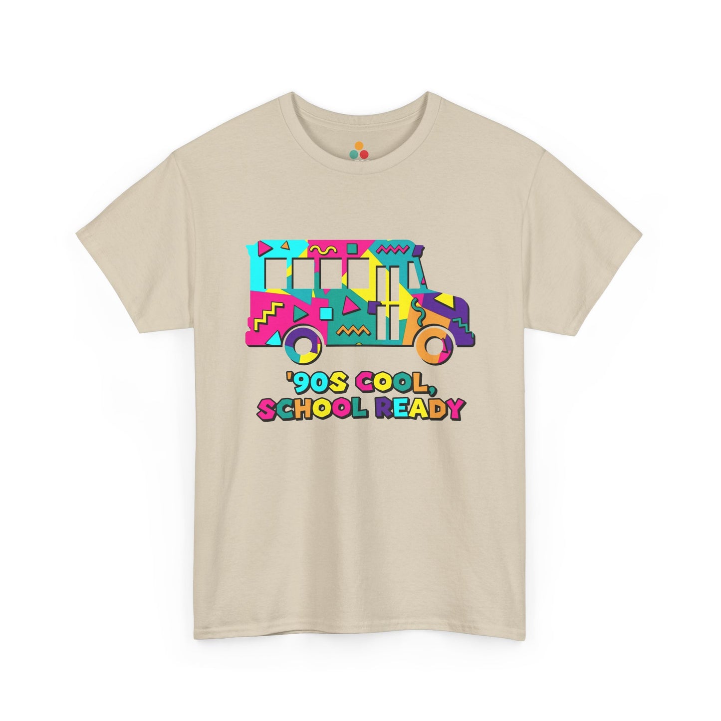 TEEZOCA 90s Cool School Ready T-Shirt – Retro Memphis Style Back to School Gift. A beige short-sleeve crewneck t-shirt featuring a colorful retro graphic of a school bus and the text '90s COOL, SCHOOL READY' on the front.