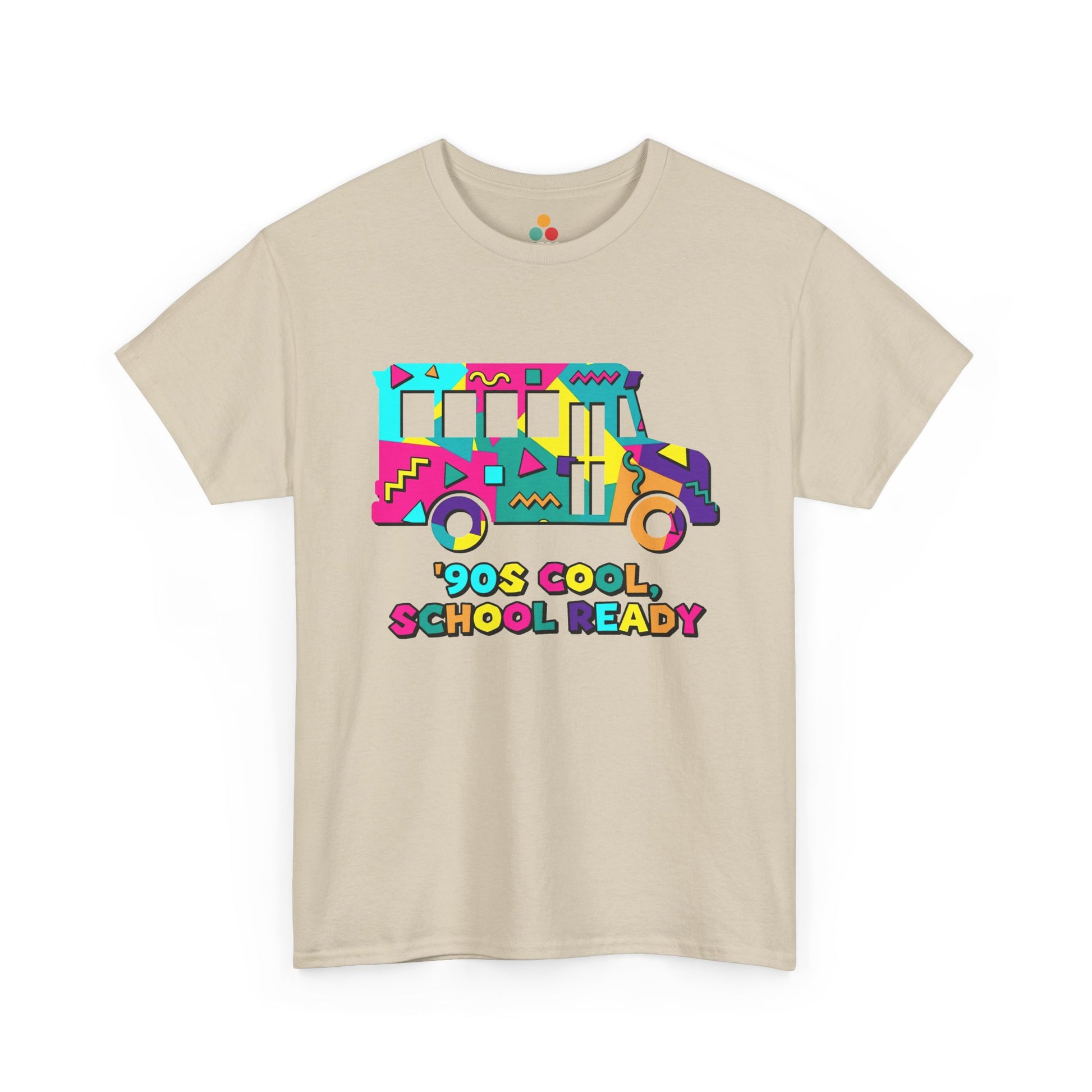 TEEZOCA 90s Cool School Ready T-Shirt – Retro Memphis Style Back to School Gift. A beige short-sleeve crewneck t-shirt featuring a colorful retro graphic of a school bus and the text '90s COOL, SCHOOL READY' on the front.