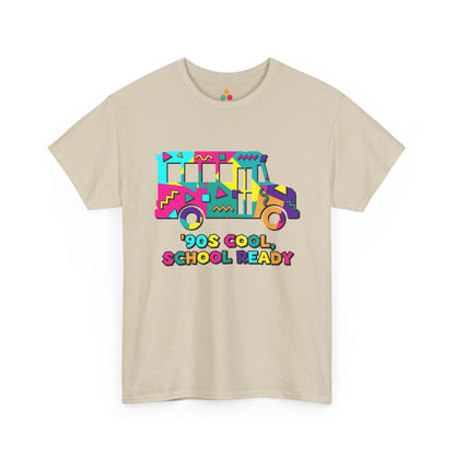 TEEZOCA 90s Cool School Ready T-Shirt – Retro Memphis Style Back to School Gift. A beige short-sleeve crewneck t-shirt featuring a colorful retro graphic of a school bus and the text '90s COOL, SCHOOL READY' on the front.