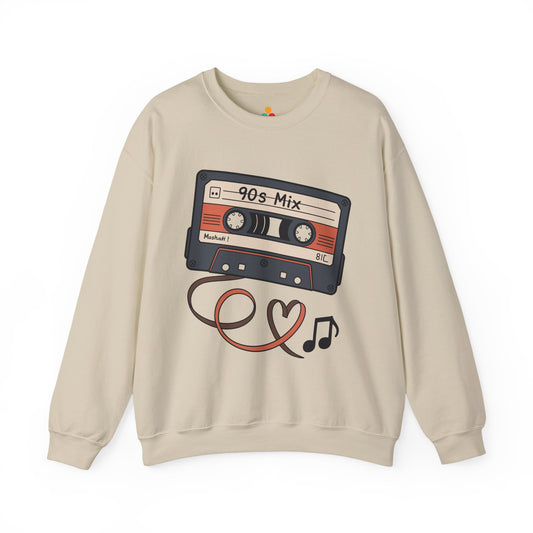 TEEZOCA 90s mix cassette sweatshirt with retro mixtape illustration Beige sweatshirt with a 90s mix cassette design on a white background