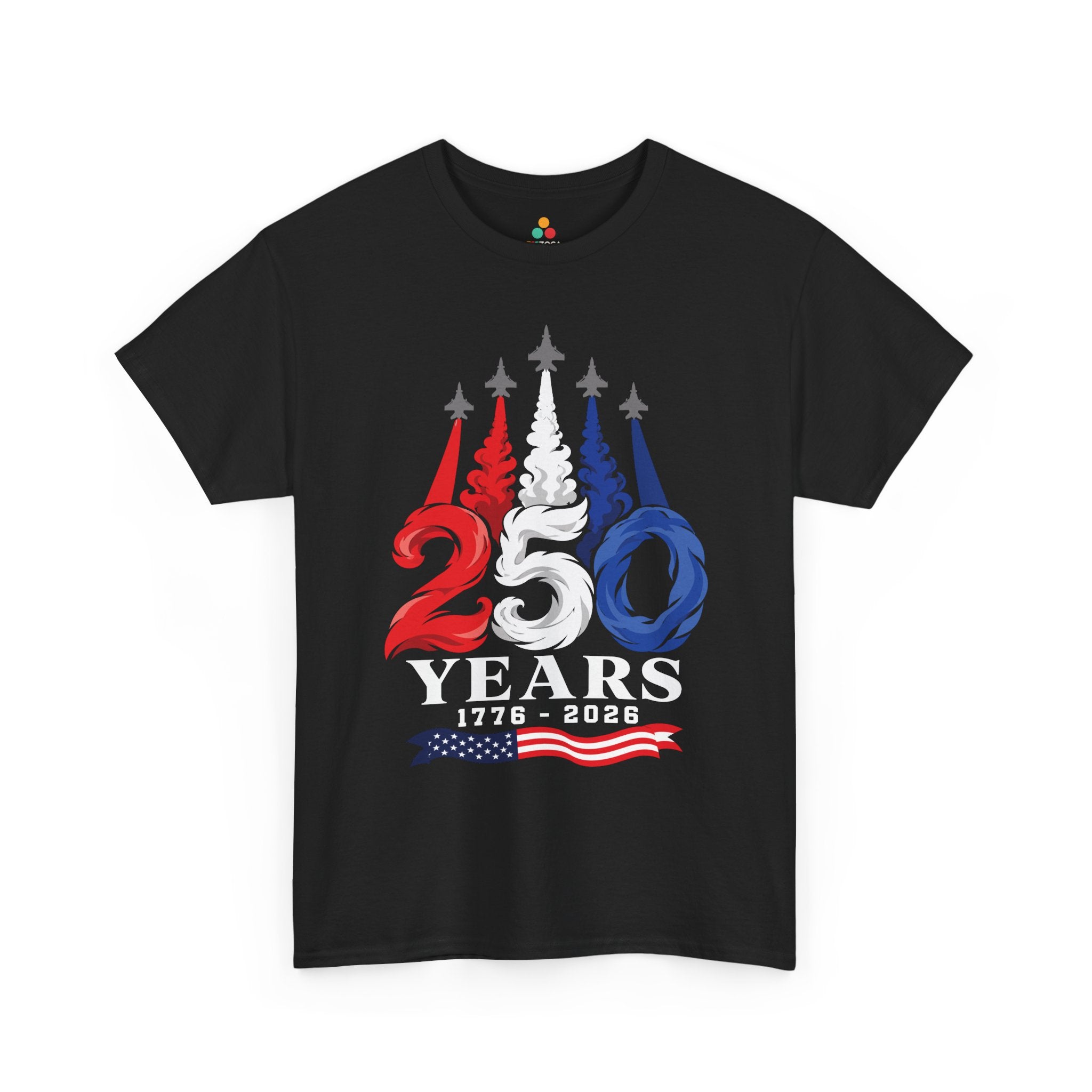 TEEZOCA Air Force Shirt T-shirt featuring fighter jets flying over red white and blue 250 years smoke art