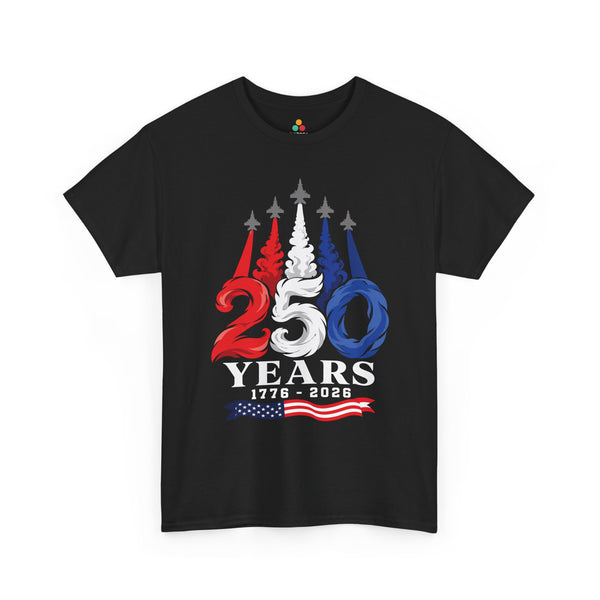 TEEZOCA Air Force Shirt T-shirt featuring fighter jets flying over red white and blue 250 years smoke art.
