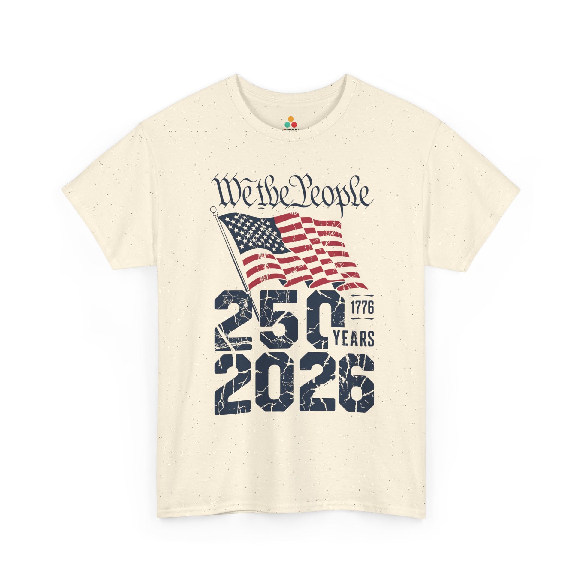 TEEZOCA America 250 Constitution Shirt t-shirt for 4th of July Graphic Tees shoppers with cracked blue numerals and flag motion.
