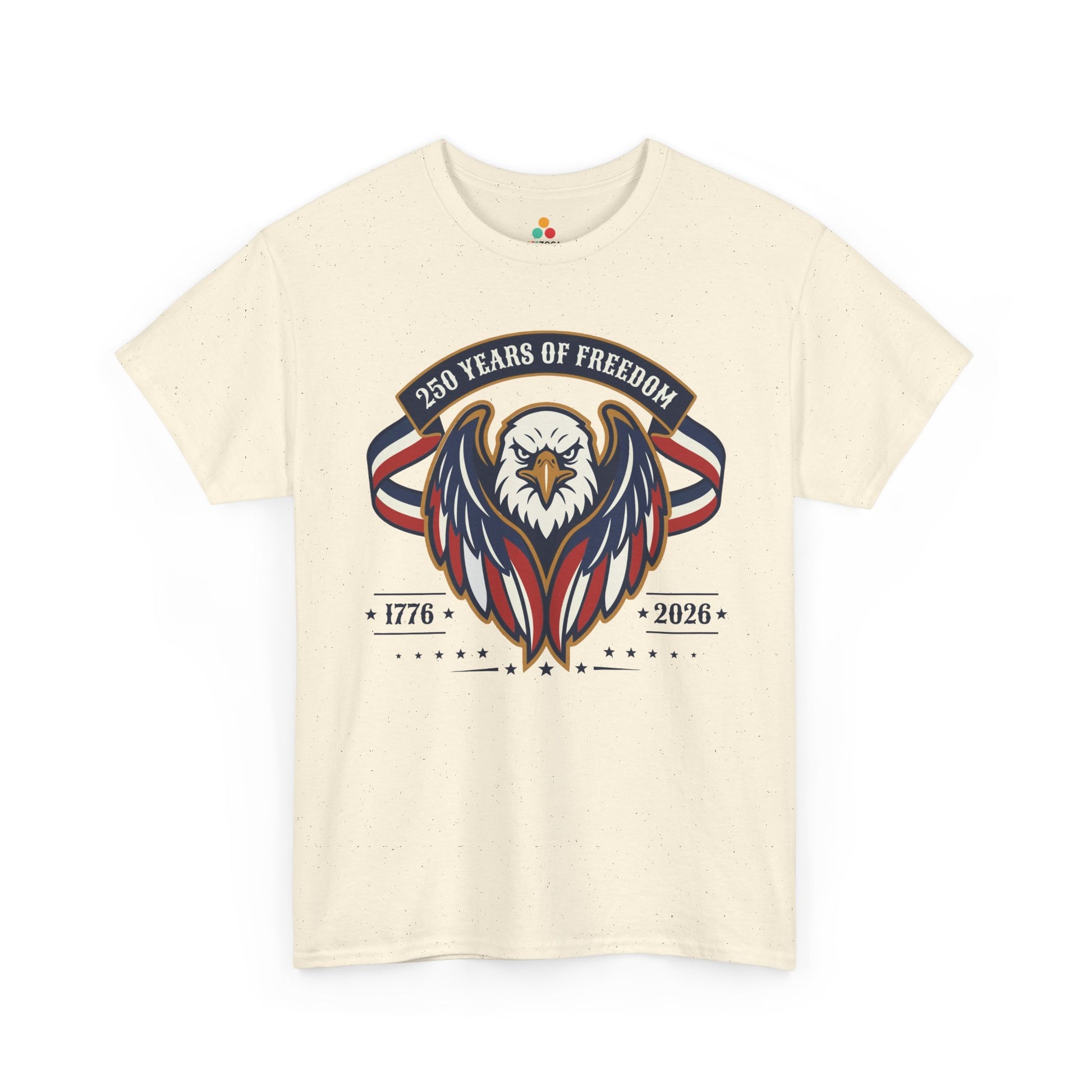 TEEZOCA America 250 Freedom Shirt t-shirt showing a stern eagle head framed by flag-style wings, stars, and 1776-2026 dates.
