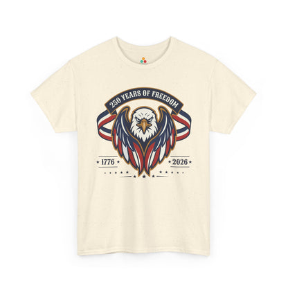 TEEZOCA America 250 Freedom Shirt t-shirt showing a stern eagle head framed by flag-style wings, stars, and 1776-2026 dates.
