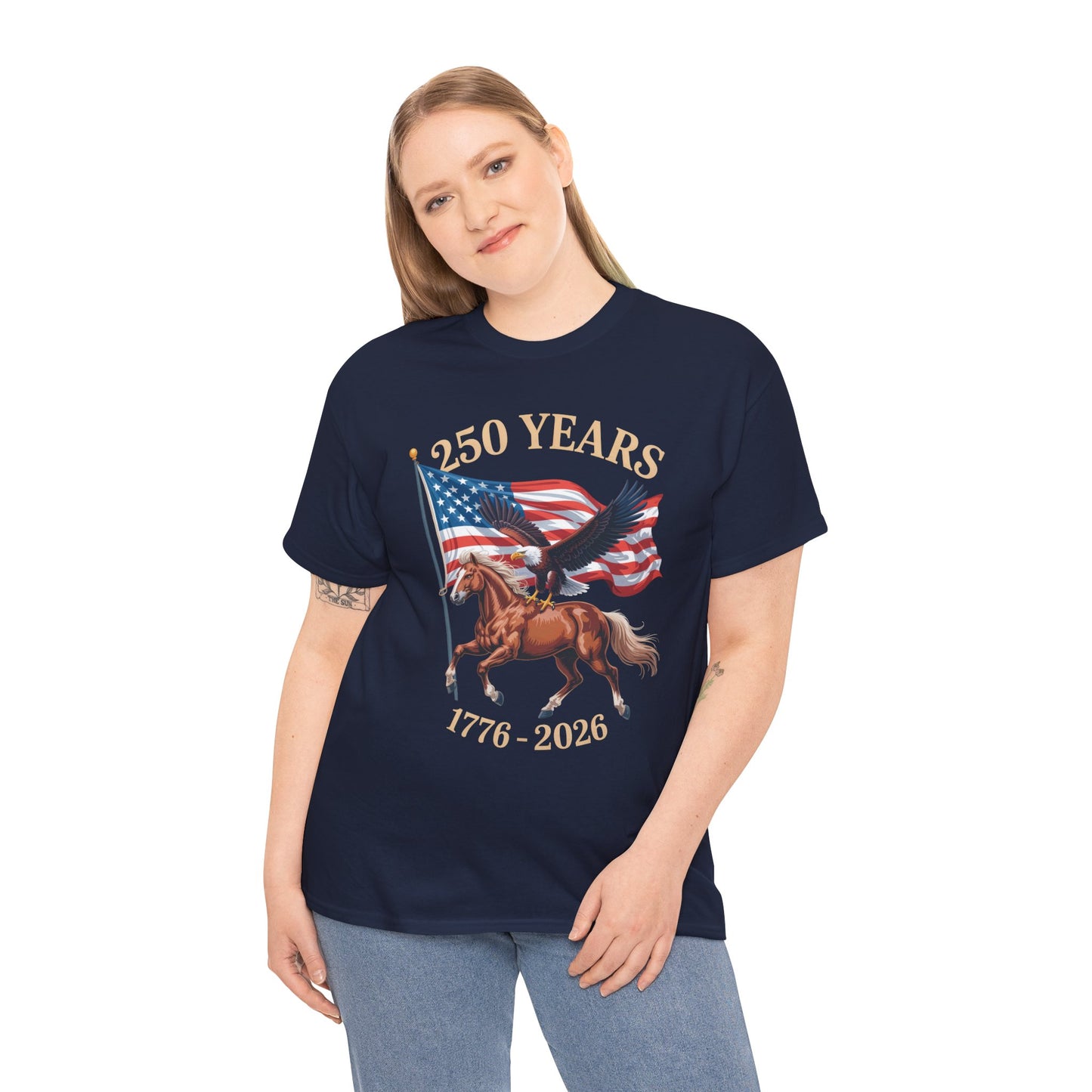 TEEZOCA America 250 Shirt t-shirt featuring a patriotic horse scene with 250 Years lettering and bold flag motion.
