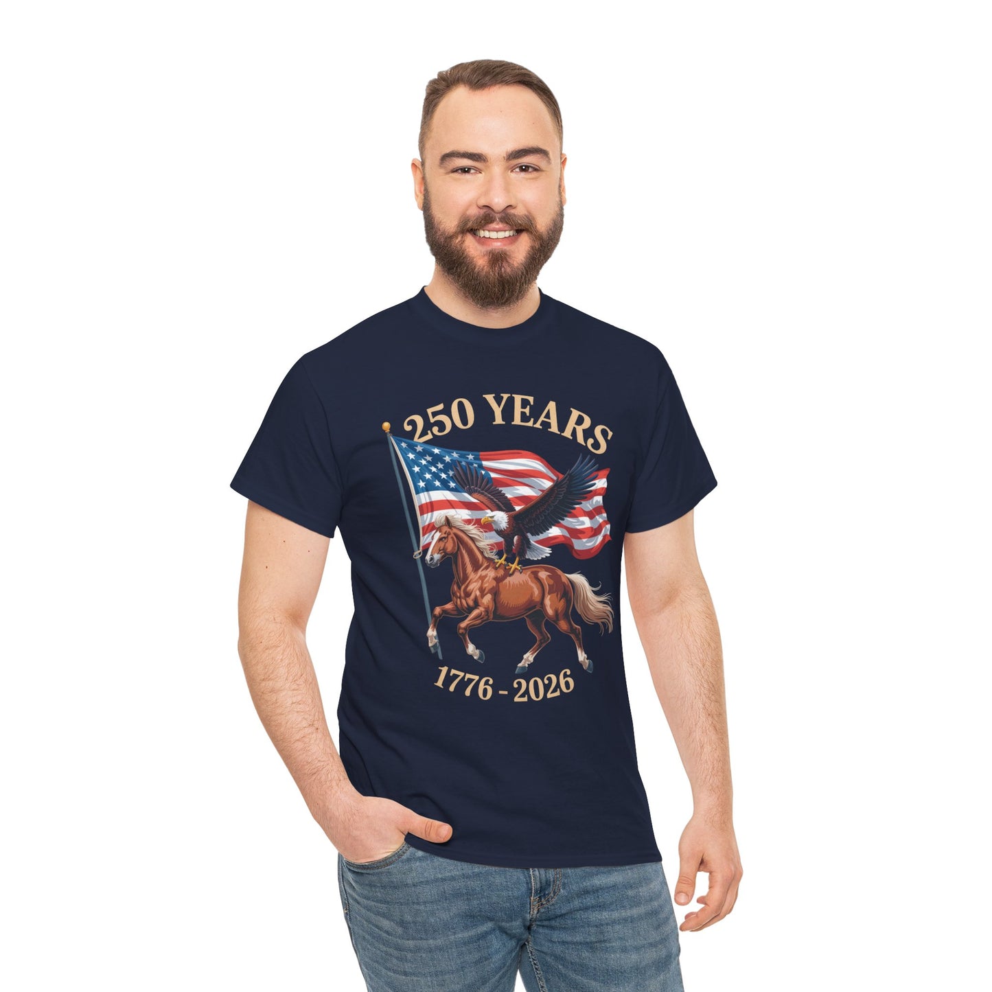 TEEZOCA America 250 Shirt t-shirt with Western horse rider, American flag, eagle artwork, and 1776-2026 date.
