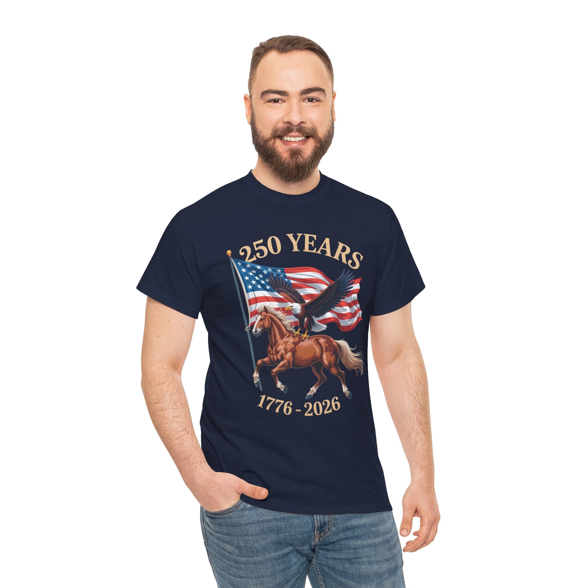 TEEZOCA America 250 Shirt t-shirt with Western horse rider, American flag, eagle artwork, and 1776-2026 date.
