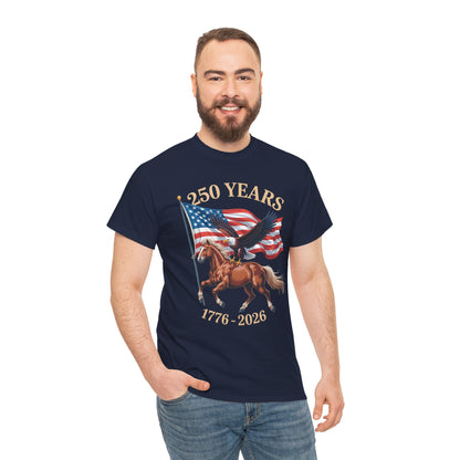 TEEZOCA America 250 Shirt t-shirt with Western horse rider, American flag, eagle artwork, and 1776-2026 date.
