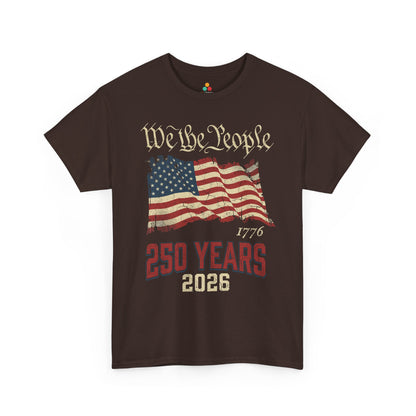 TEEZOCA America 250 Shirt with Constitution-style lettering, a distressed flag, and 2026 artwork on a t-shirt.
