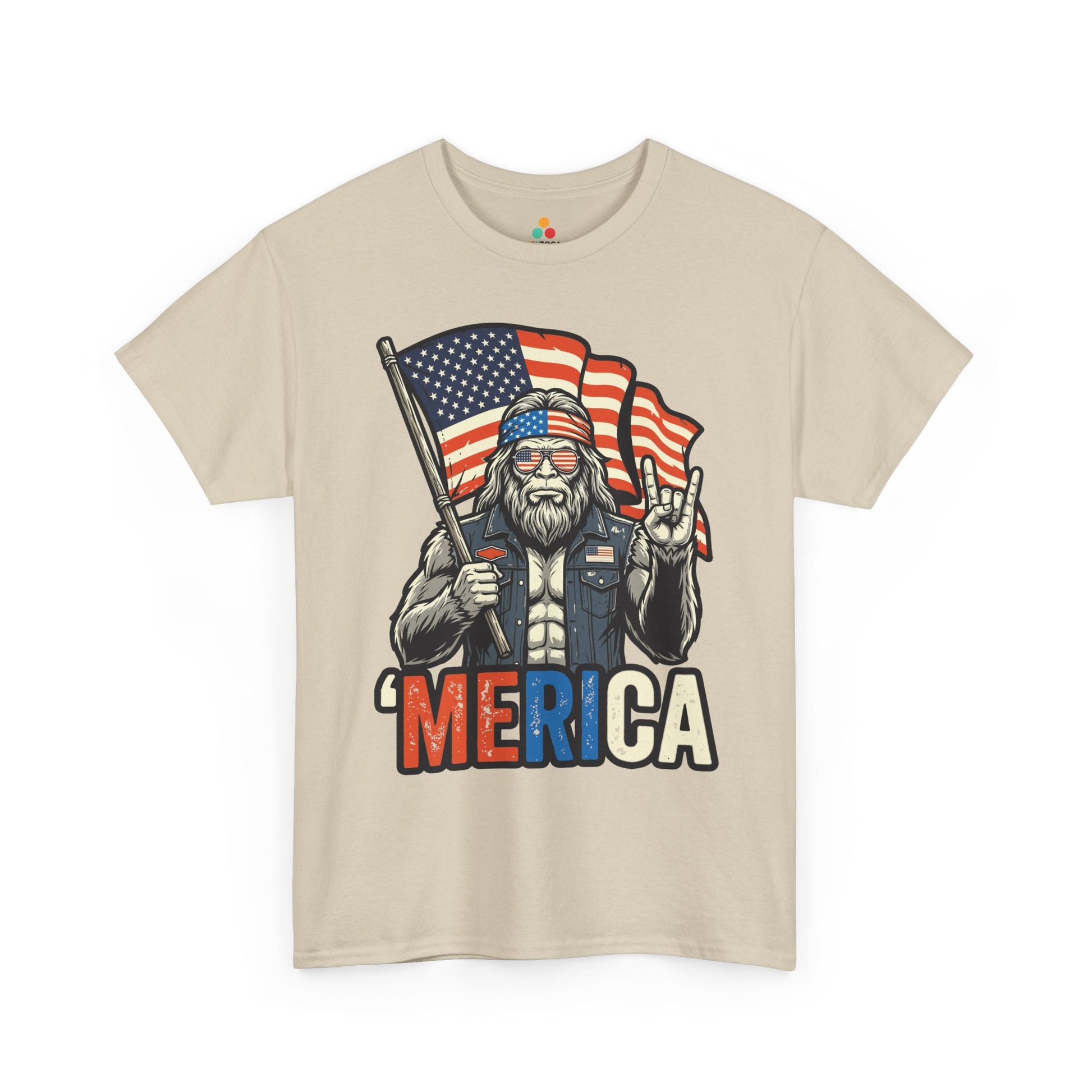 TEEZOCA America Shirt T-shirt featuring Bigfoot in flag sunglasses with bold Merica text and American flag art.

