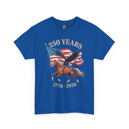 TEEZOCA American Flag Horse Shirt t-shirt featuring a rider, waving flag, eagle detail, and America 250 theme.

