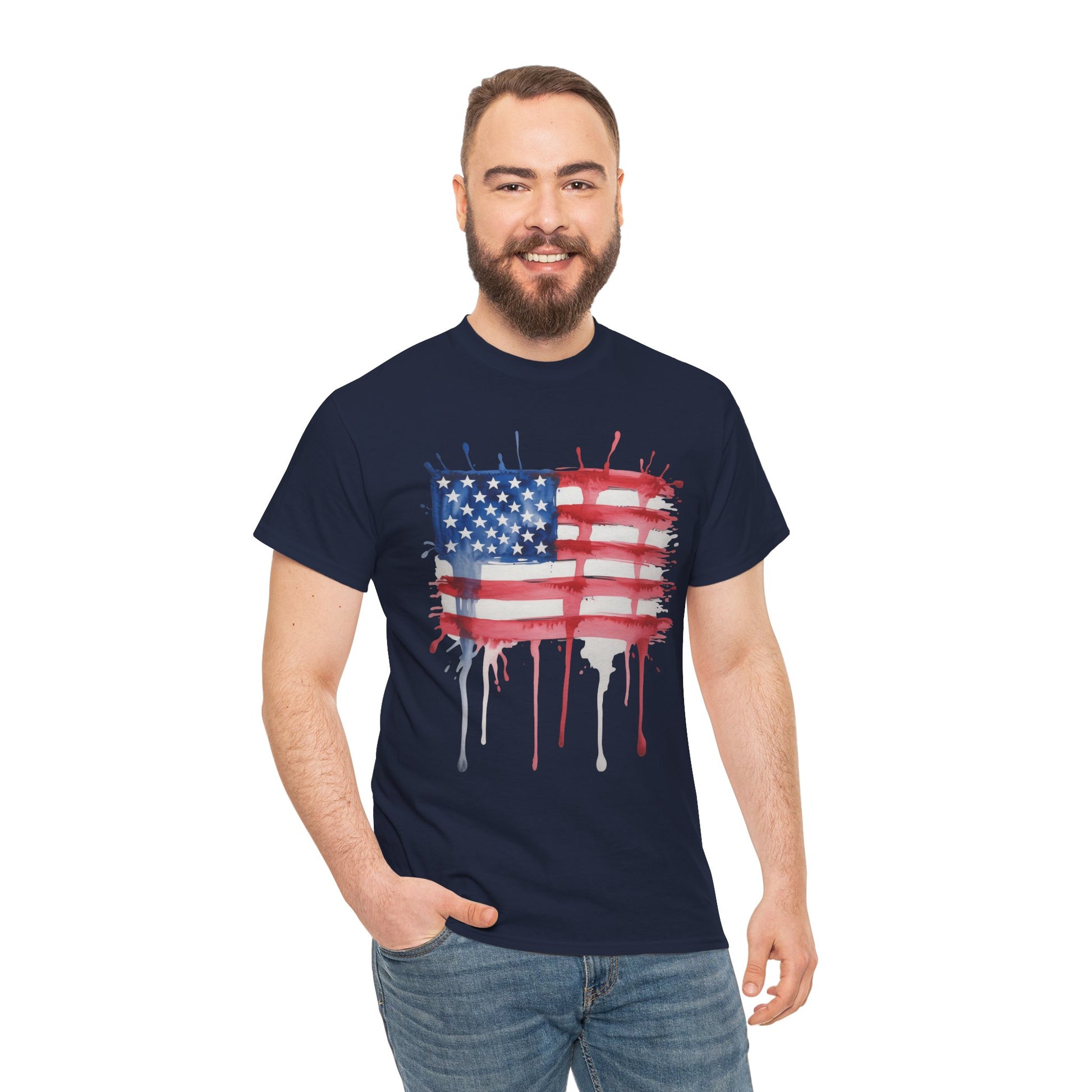 TEEZOCA American Flag Shirt Mens t-shirt with distressed red, white, and blue flag artwork and dripping paint details.
