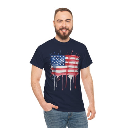 TEEZOCA American Flag Shirt Mens t-shirt with distressed red, white, and blue flag artwork and dripping paint details.
