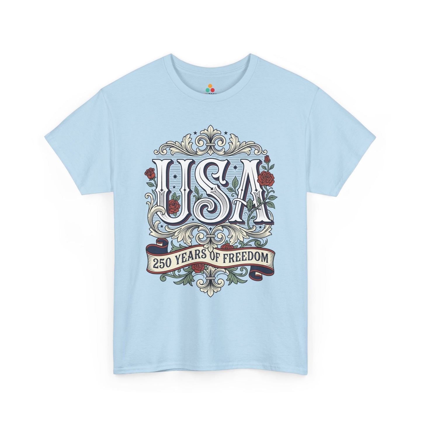 TEEZOCA American Flag Shirt for Women T-shirt with vintage patriotic styling and elegant 250th anniversary details.
