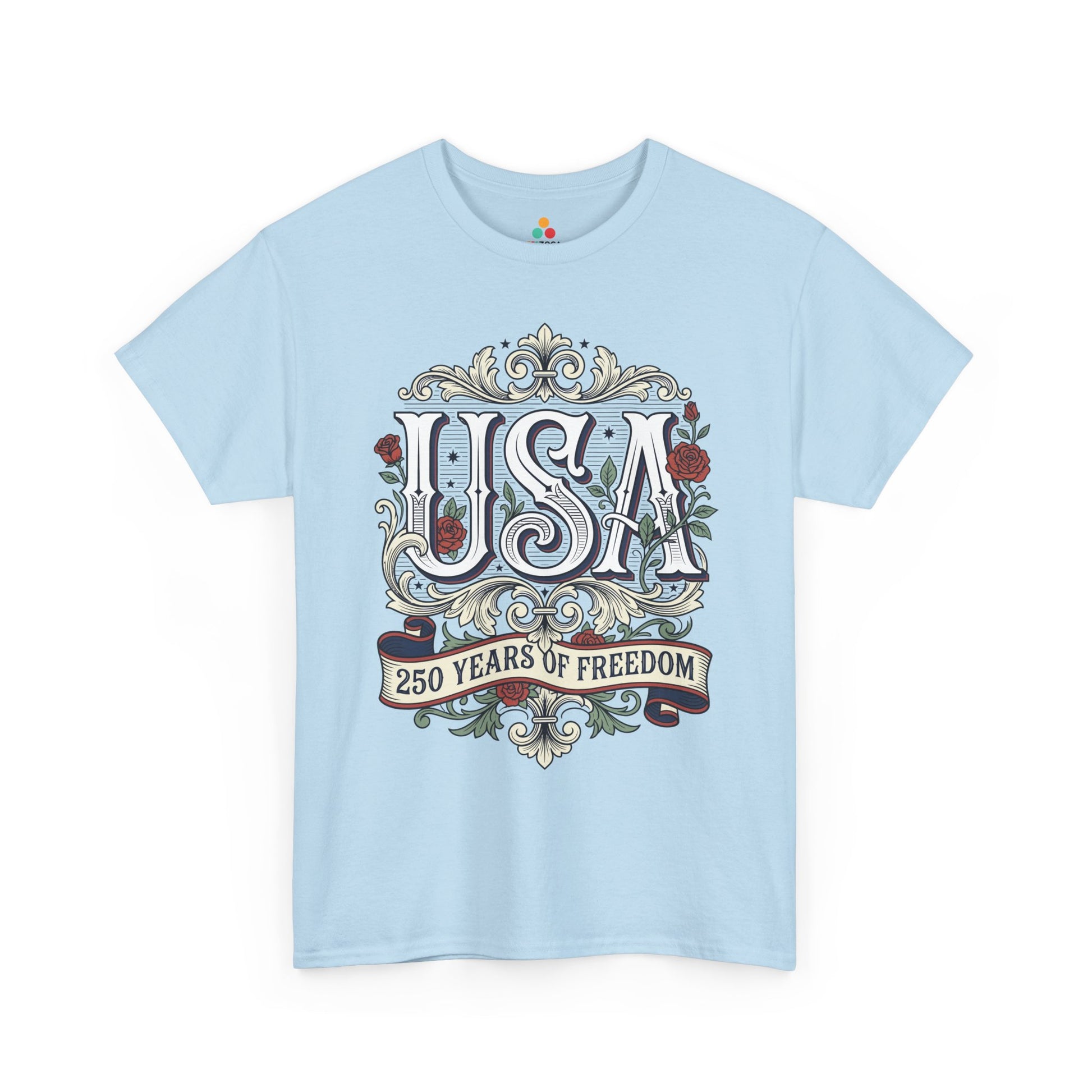 TEEZOCA American Flag Shirt for Women T-shirt with vintage patriotic styling and elegant 250th anniversary details.
