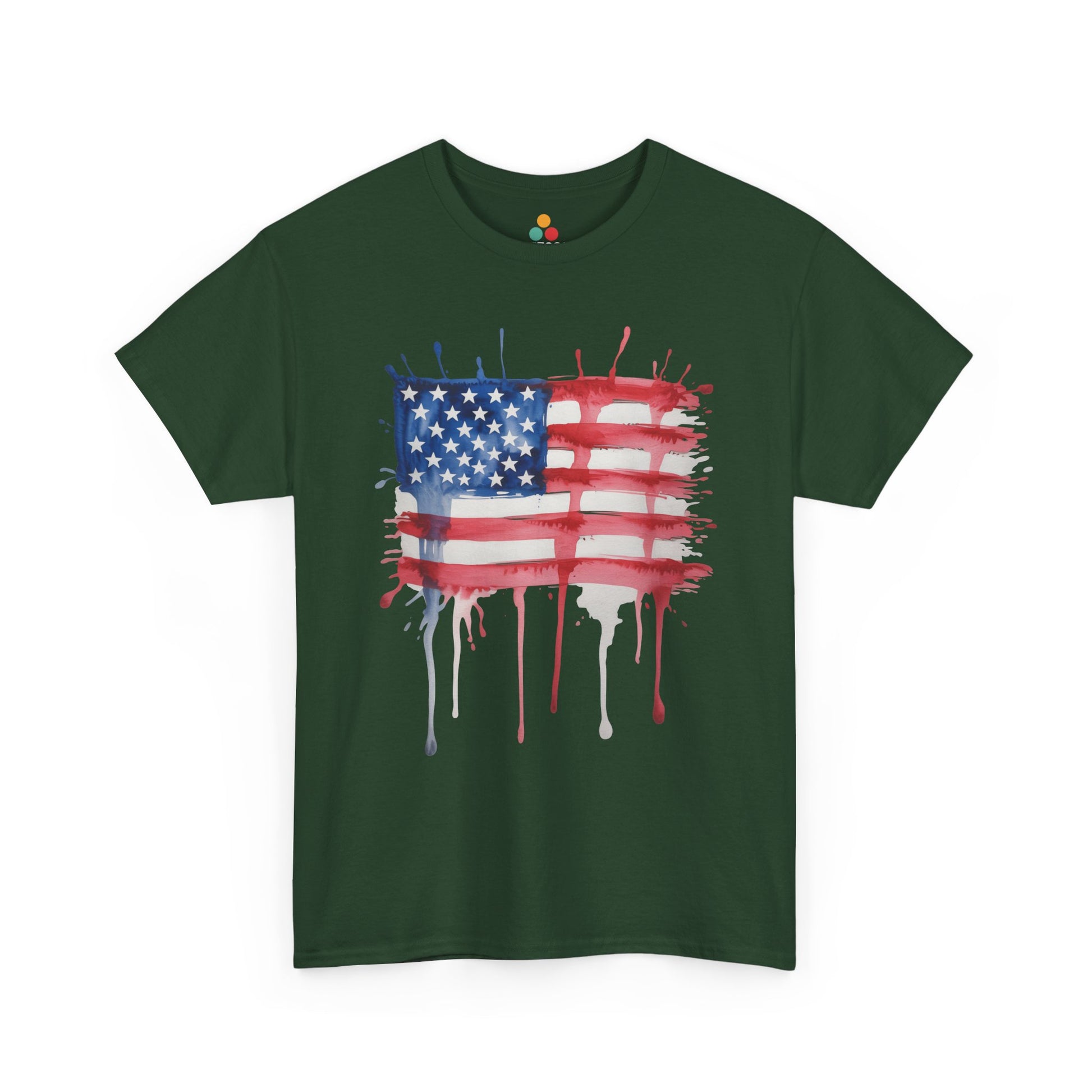 TEEZOCA American Flag T Shirt Mens design with rough brush strokes, dark patriotic style, and bold USA artwork.
