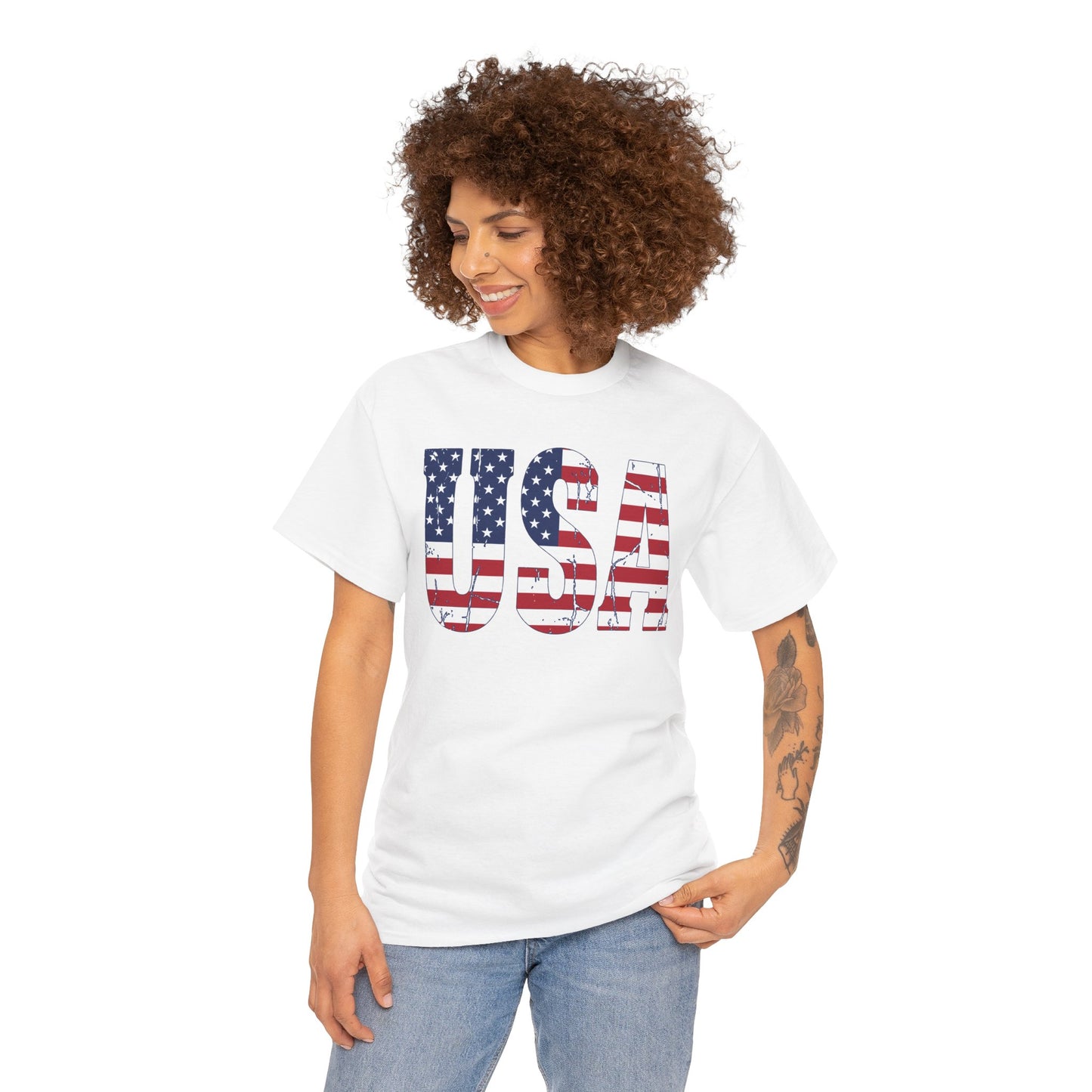 TEEZOCA American flag T-shirt showing bold USA letters with red, white, and blue patriotic texture.
