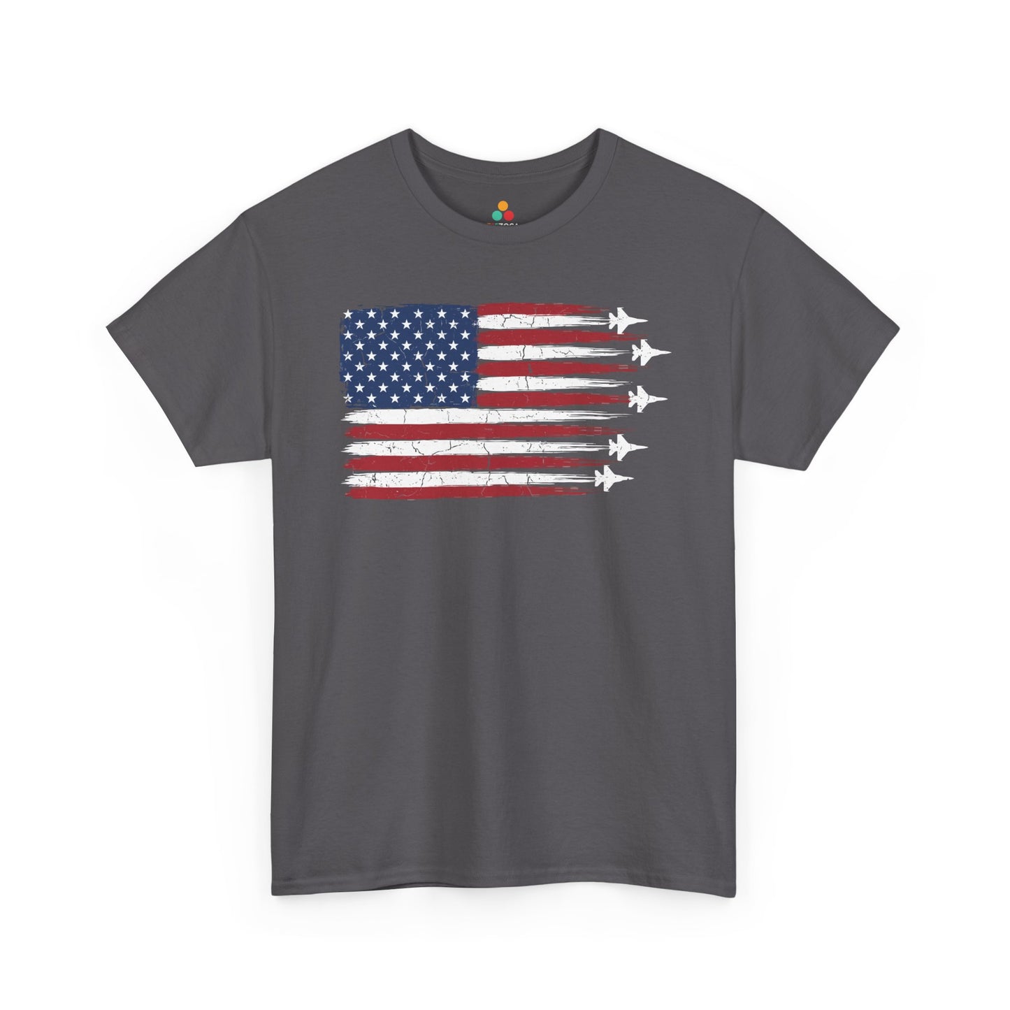 TEEZOCA American flag t shirt featuring vintage brushstroke stripes and a bold blue star field.
