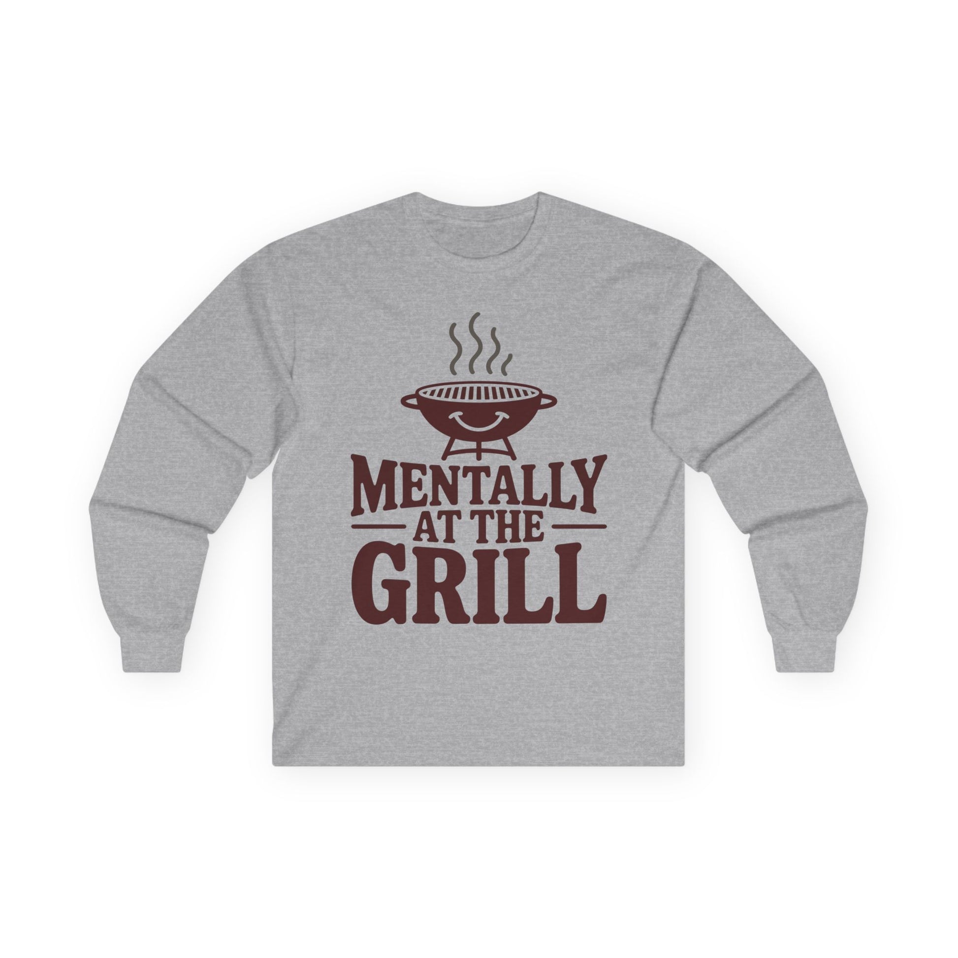 TEEZOCA BBQ humor graphic long-sleeve t-shirt Gray long-sleeve shirt with 'Mentally at the Grill' text and graphic on a white background