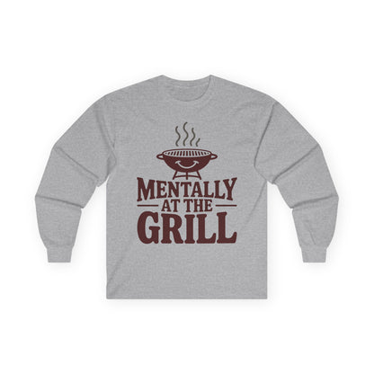 TEEZOCA BBQ humor graphic long-sleeve t-shirt Gray long-sleeve shirt with 'Mentally at the Grill' text and graphic on a white background
