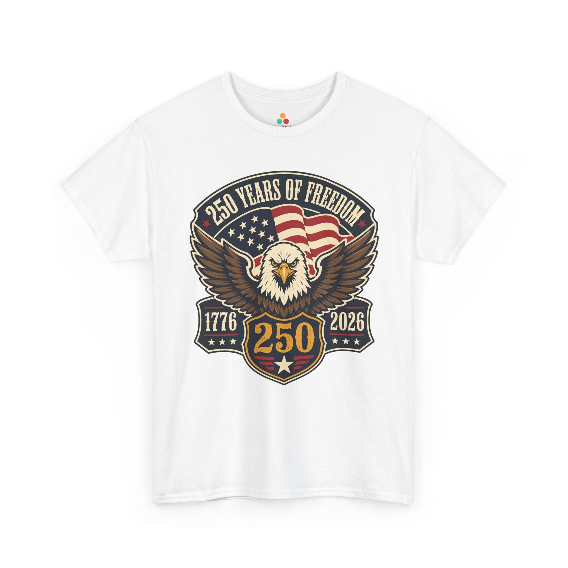 TEEZOCA Bald Eagle Shirt t-shirt design with spread wings, stars, stripes, and a bold 250th Anniversary message.
