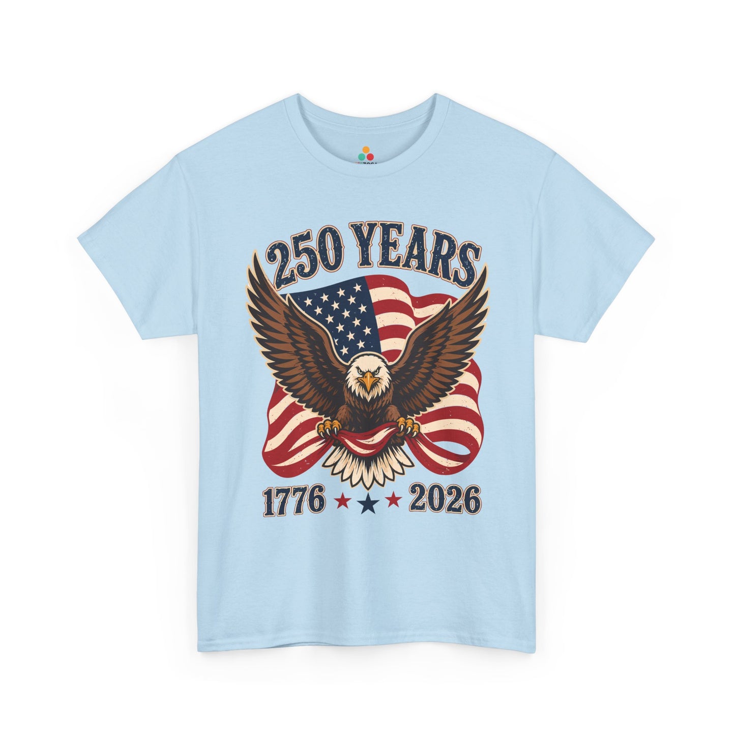 TEEZOCA Bald Eagle Shirt t-shirt with spread wings, flowing flag stripes, and bold 250 Years lettering.
