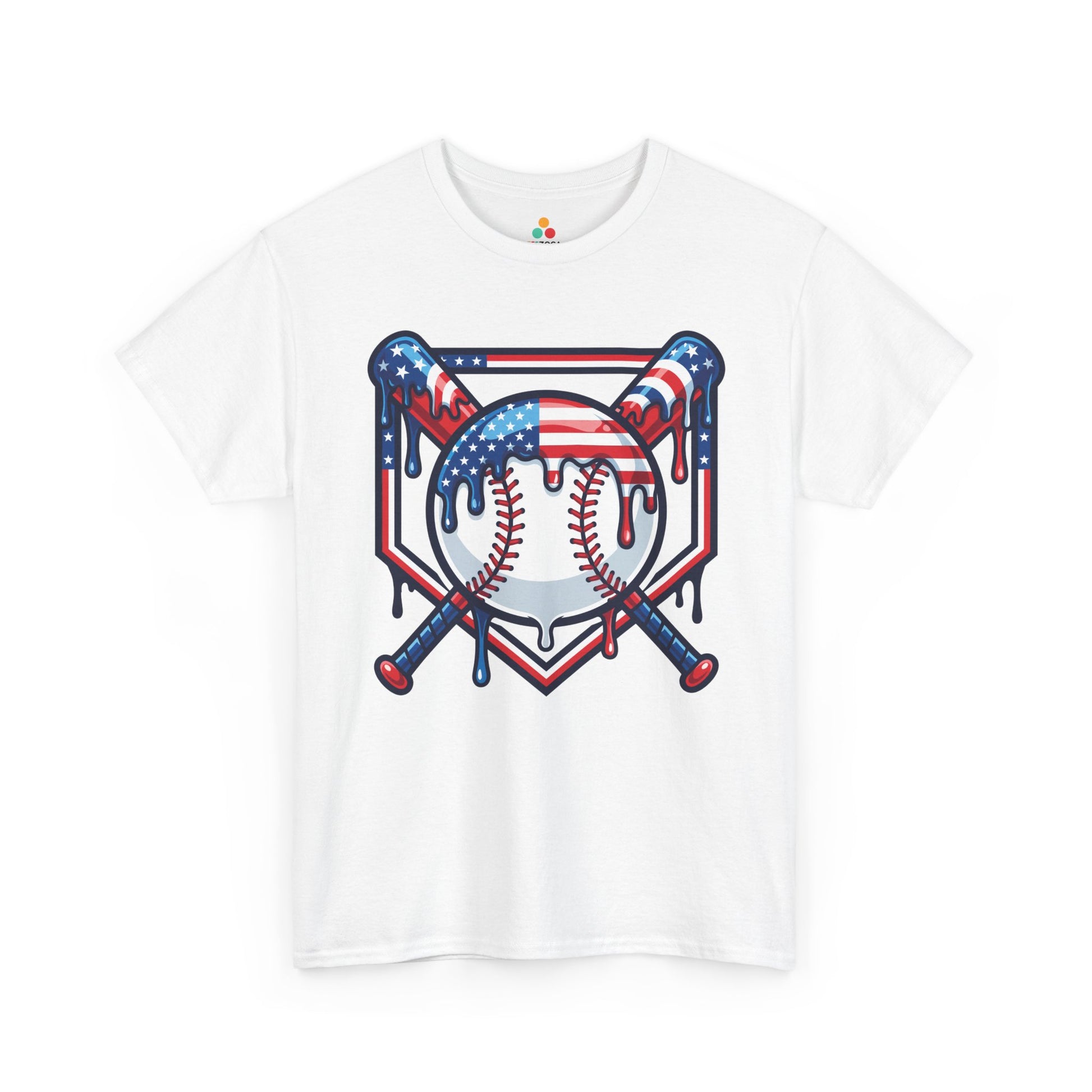 TEEZOCA Baseball Tee T-shirt featuring an American flag baseball with crossed bats and red, white, and blue drips.
