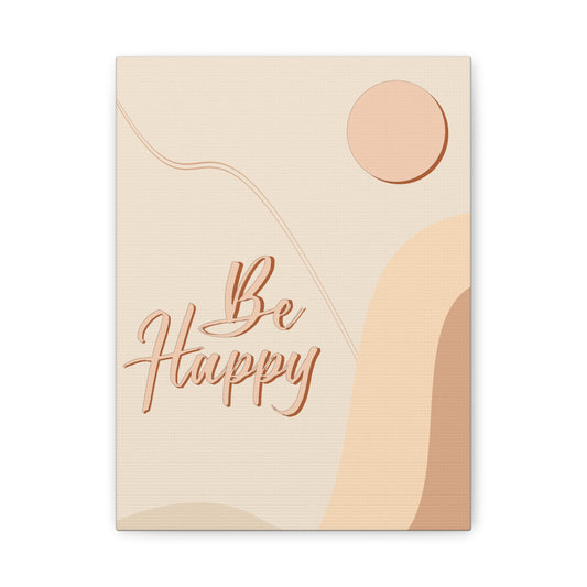 TEEZOCA "Be Happy" aesthetic canvas print shown flat with soft beige tones and sun motif.